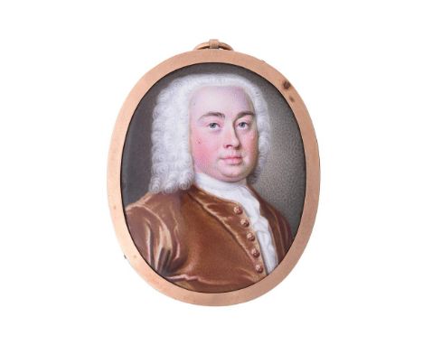 
	
		English School (18th century)
		A gentleman, wearing brown coat, white stock and frilled chemise, his wig worn short
		E