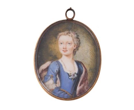 
	
		Y&nbsp;English School (18th century)
		A young woman, wearing blue dress with lace trim and floral corsage pinned to her