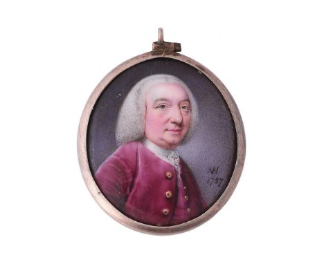 
	
		Nathaniel Hone (British 1718-1784)
		A gentleman, wearing crimson coat, white stock and chemise, powdered wig
		Enamel, 