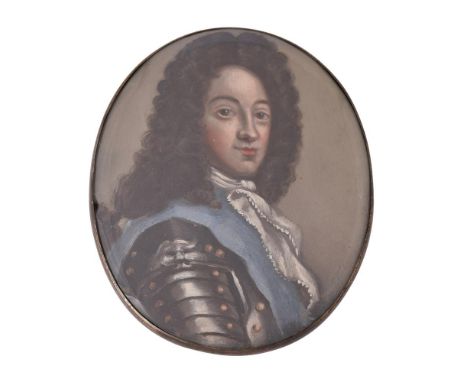 
	
		English School (18th century)
		A gentleman, wearing armour, blue sash, white stock and chemise, full curled wig
		Oil o