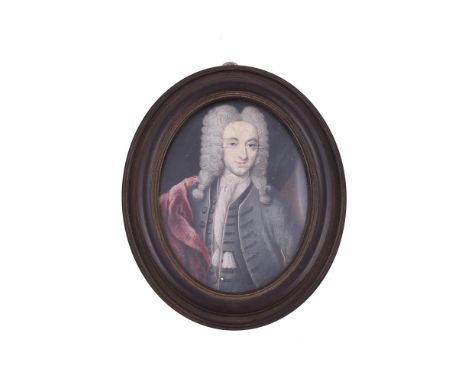 
	
		Jacques Bisson (French d.1737)
		A gentleman, wearing pink edged grey coat with red cloak over his shoulder, his powdere
