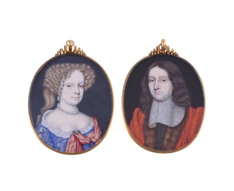 
	
		English School (c.1670)
		A pair of portrait miniatures, he wearing red robe with fur trim, black waistcoat and white la