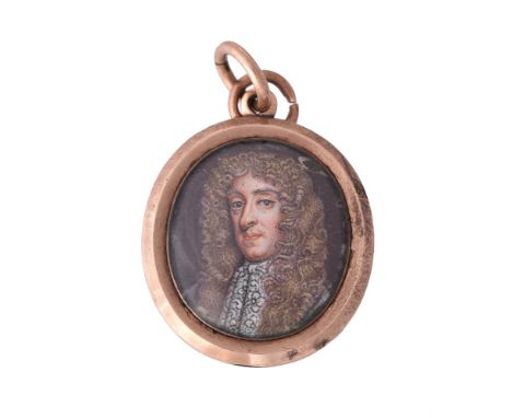 
	
		After Peter Lely
		James II of England, wearing lace jabot, his natural wig curled and worn long
		Enamel, oval
		Inscri