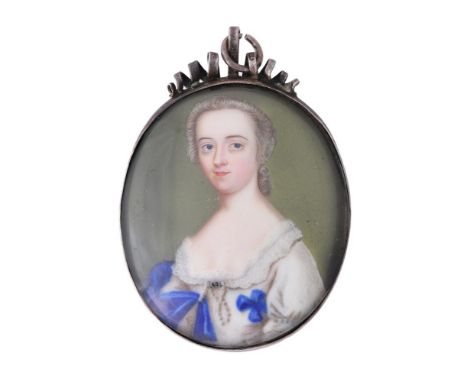 English School (18th century) A lady, wearing white dress with lace trim, blue bows and pearl detailing Enamel, oval 4.8cm (1