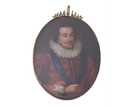 
	
		After Paul van Somer
		King James I (1566 - 1625), wearing red doublet with lace trim cuffs, white lace ruff and blue sa