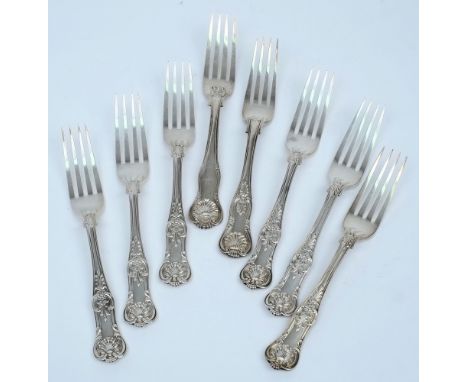 A set of six Victorian silver Queens pattern table forks, maker Elizabeth Eaton, London 1846, one other fork by John, Henry &