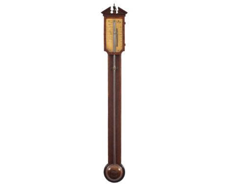 Aiano, London, a mahogany stick barometer: the case with chevron inlay to the sides, canted corners, a round turned cistern c