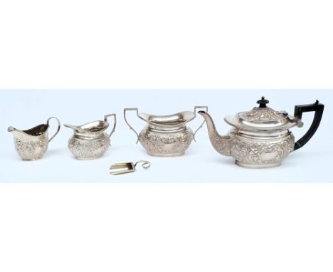 An Edward VII  silver  three-piece tea service, maker Henry Bourne, Birmingham, 1903: of barge shaped outline with embossed f