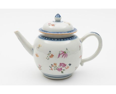 A Chinese porcelain teapot and cover: of cannonball form painted in underglaze blue and enamelled in the famille rose palette