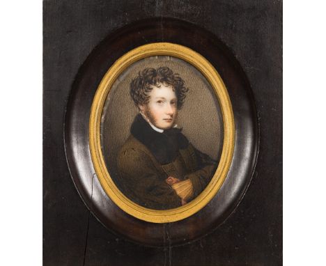 German School 19th Century:-
Miniature portrait of a young man, head and shoulders, with curling fair hair, wearing a brown o