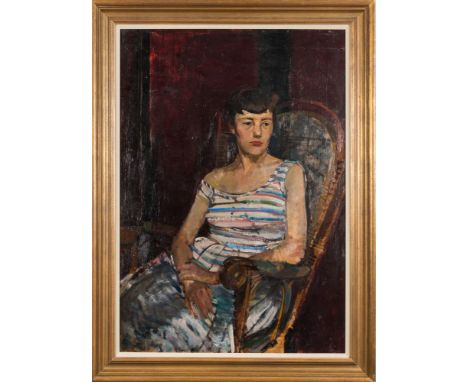 * Ruskin Spear [1911-1990]-
Portrait of a lady, half-length, seated in an interior:-
with short bobbed hair, wearing a colour