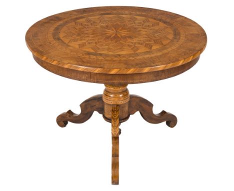 A 19th Century walnut and parquetry circular occasional table:, the top with a kaleidoscopic radiating flowerhead panel withi