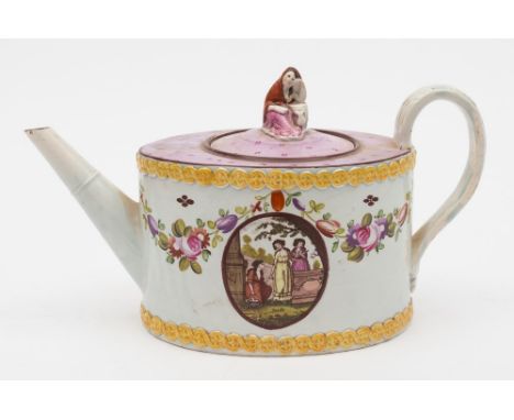 A late 18th/early 19th Century pearlware teapot and cover: of silver shape with widow finial, printed and enamelled with flor