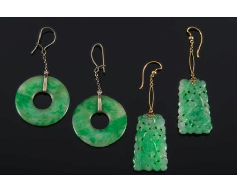 A pair of jade disc drop earrings and a pair of carved and pierced jade drop earrings:.

* Notes.  Not tested for treatments 