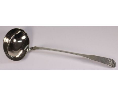 A George III Old English pattern soup ladle, maker's mark worn possibly DL for Dorothy Langlands, Newcastle, 1806: initialled