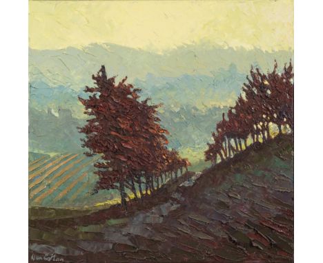 * Alan Cotton [b.1936]- 
Piemonte - Burnished Vines in Hazy Light:-
signed bottom left
oil on canvas
50.5 x 50.5cm.