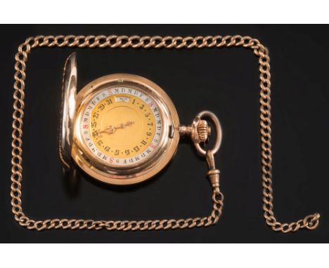 A gentleman's 14ct gold cased keyless lever moonphase hunter pocket watch: with independent calendar, the circular white enam