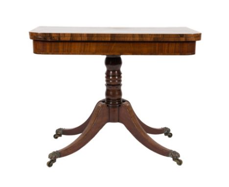 A Regency mahogany, rosewood crossbanded and inlaid card table:, bordered with boxwood lines, the rectangular baize lined hin