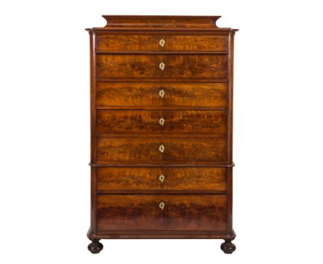 A 19th Century French mahogany chest:, with a caddy top, containing seven long drawers, on bun feet, 100cm (3ft 3 1/2in) wide