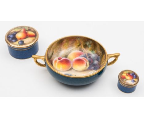 A small group of Royal Worcester porcelain: each painted with fruit on a mossy ground and with a powder blue exterior, compri