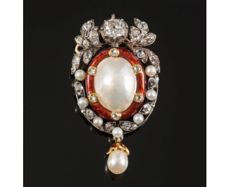 A 19th century enamelled gold, pearl and diamond pendant: with central, oval blister pearl approximately 13.5mm long x 10mm w