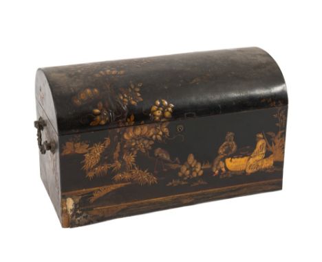 A 19th Century Japanese black lacquer domed trunk-shaped casket:, decorated with figures and a bird in a garden setting with 