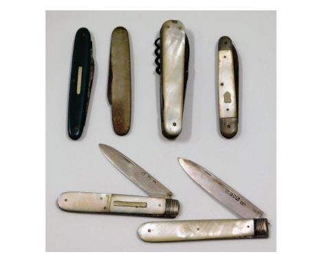 A 1838 William IV Sheffield silver bladed mother of pearl fruit knife by William Nowill &amp; five other fruit &amp; pocket k