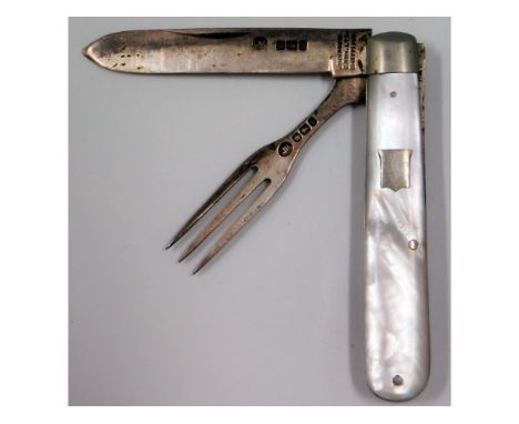 A Victorian Sheffield silver bladed mother of pearl fruit knife &amp; fork by John Round &amp; Son 