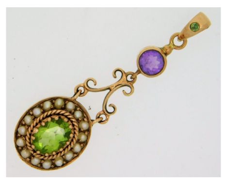 An Edwardian 9ct gold suffragette pendant set with peridot, pearl &amp; amethyst, 33mm drop, 2.25g