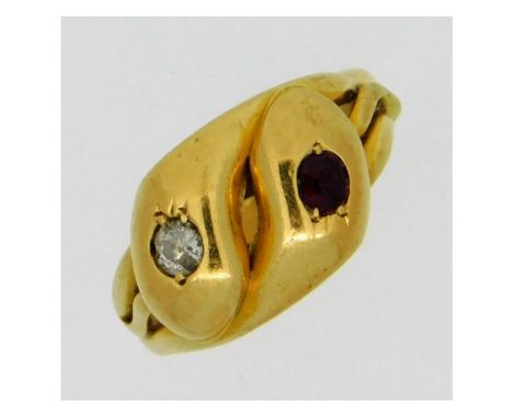 An antique yellow metal snake ring set with diamond &amp; ruby, electronically tests as 18ct gold, size I, 3.6g 