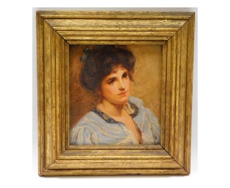 In the style of Henry Scott Tuke, a framed oil portrait of a village woman, image size 6in x 5.5in