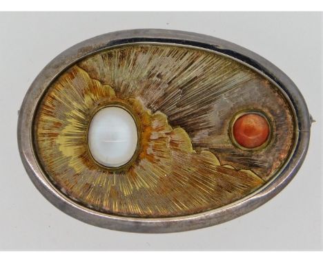 A 2004 bespoke contemporary Scottish Edinburgh silver &amp; yellow metal brooch set with moonstone &amp; agate by Graham Leis