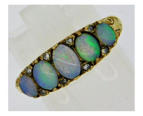 A 9ct gold ring set with opal &amp; diamond, size O, 3.9g 