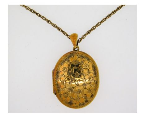 A 9ct gold locket &amp; chain with floral decor, chain 22in long, 10.9g total,