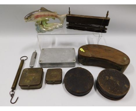 A quantity of accessories &amp; other items relating to fishing including Salter scales &amp; tackle boxes