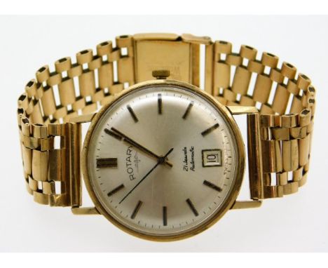 A gents 9ct gold case &amp; strap Rotary twenty one jewel automatic wristwatch, case 34mm diameter, running, 49.25g 