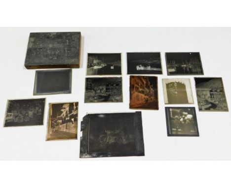 A Canterbury tales print block twinned with twelve early at least early 20thC. glass photographic slides