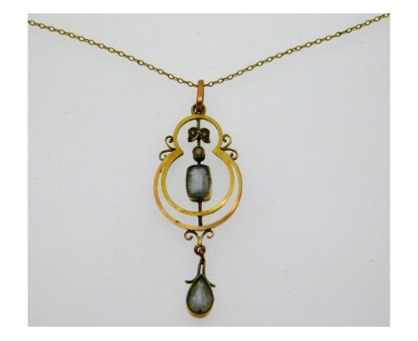 A 9ct gold Edwardian pendant with necklace set with aquamarine &amp; pearl, pendant 47mm drop, chain 17in, 2.82g