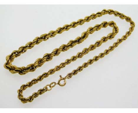A 9ct gold rope chain, 18in long, clasp a/f, 13.69g