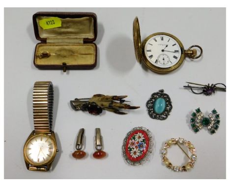 A gold plated Elgin full hunter pocket watch a/f, a silver mounted grouse claw, a boxed Victorian tie pin, a silver &amp; aga