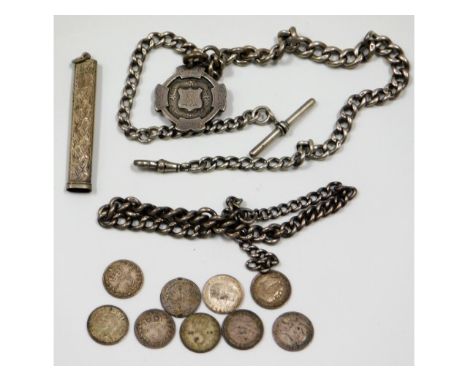 A hallmarked silver Albert with fob twinned with pencil case lacking top, silver threepences &amp; a white metal chain 99.3g