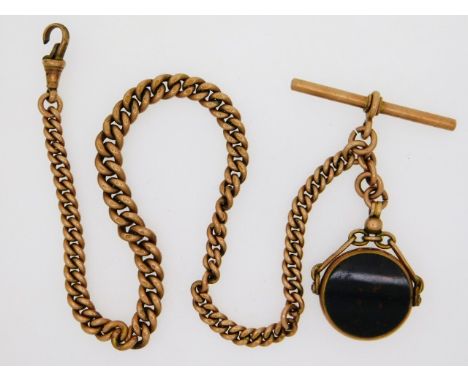 A Victorian 9ct rose gold Albert chain with blood stone fob, 51.3g inclusive, weighable gold 43.1g, clasp a/f 