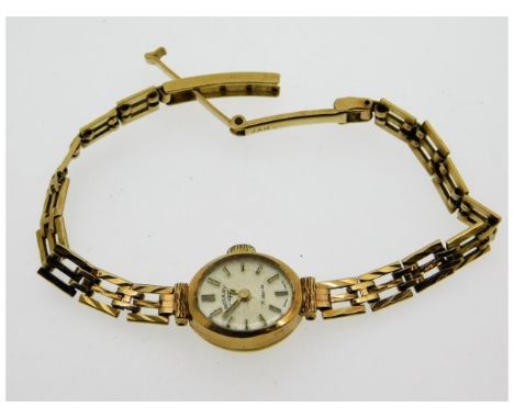 A 9ct gold case &amp; strap ladies Rotary 21 jewels movement, runs when wound, 12.5g 