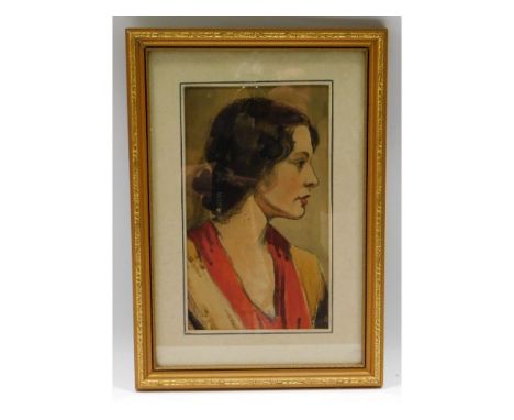 A 1920's watercolour portrait of woman, later reframed, original indistinctly signed artist label to verso, image size 9.25in