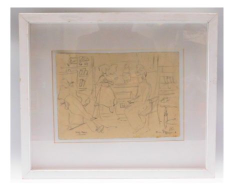 A framed pencil sketch by Sevn Berlin titled "Staff Room", image size 11in x 7in