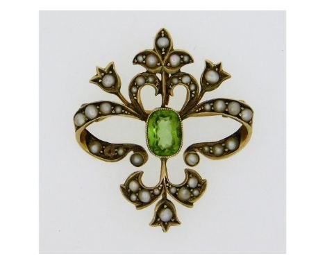 An Edwardian 9ct gold brooch &amp; pendant, set with peridot &amp; pearl, lacking one pearl, 32mm high x 28mm wide, 4.5g