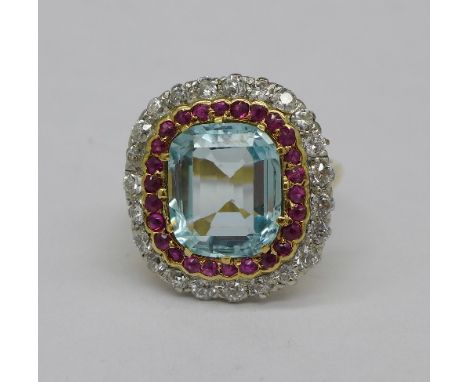 An aquamarine, ruby and diamond set ring, 3.02 carat aquamarine weight, weight 8.1g, size K