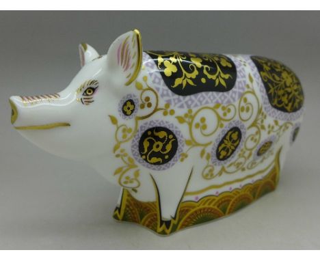 A Royal Crown Derby paperweight, Spotty Pig, gold stopper, signed to base, boxed, with certificate