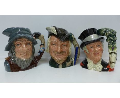 Three large Royal Doulton character jugs, Robin Hood, D6527, The Ring Master, D6863 and Rip Van Winkle, D6438