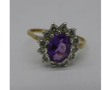 A 9ct gold and amethyst cluster ring, weight 2.2g, size O